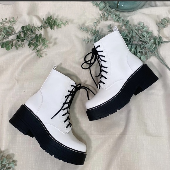 White Lace Up Platform Combat Boots - Picture 3 of 12